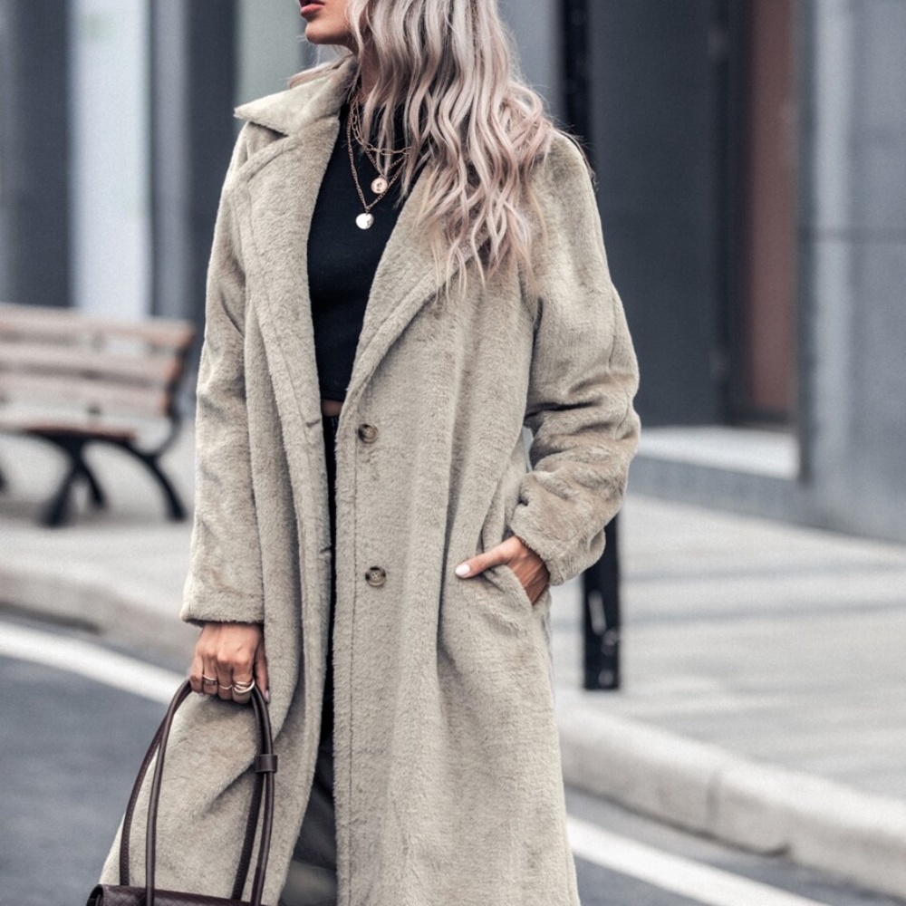 tan button pocket trench coat teddy jacket fall - Picture 2 of 6